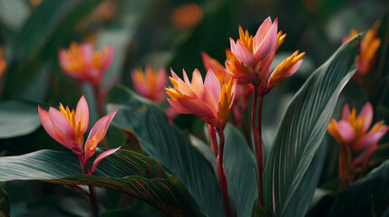 Close up of pink and orange bromeliad flowers with green leaves in a natural setting