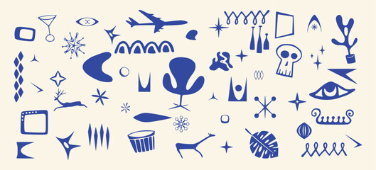 Fototapeta premium Mid-Century Modern Blue Icon Collage – Retro Abstract Vector Design for Merch & Decor