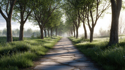 Obraz premium Tree lined pathway with morning sunlight and mist, soft green grass framing stone path leading into distant fog