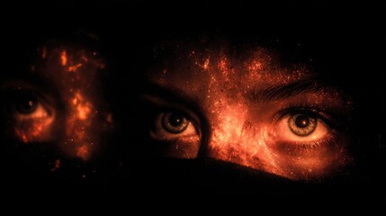 Surreal Digital Art of Human Eyes with Cosmic Fire Effect in Darkness