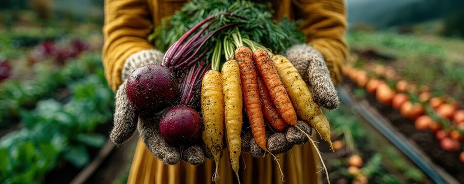 Freshly harvested colorful carrots and beets held proudly in a vegetable garden