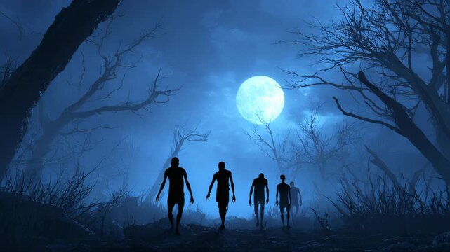 Creepy Zombies Walking in Haunted Forest under Full Moon