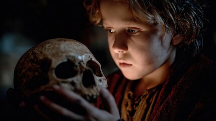 Young Boy Facing Skull in Dark Mysterious Setting with Eerie Atmosphere
