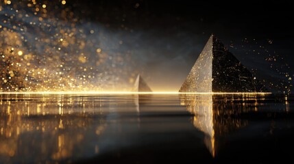 Luxurious Gold Pyramid with Sparkling Glitter and Reflective Water Surface in Night Scene