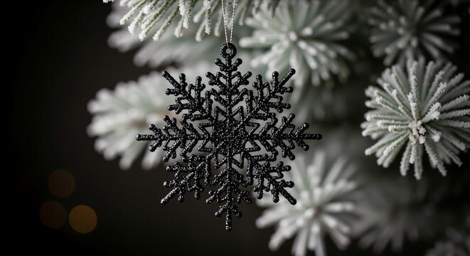 Black glitter snowflake ornament hanging on a frosted Christmas tree. Dark moody Gothmas holiday decoration background with pine branches