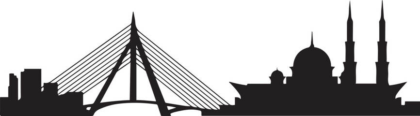 Putrajaya Skyline Silhouette with Cable Stay Bridge and Mosque. Vector black silhouette