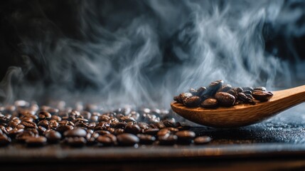 Steaming coffee beans on a dark surface with a wooden spoon