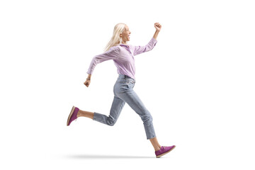 Full length shot of a tall slim woman in jeans and shirt running