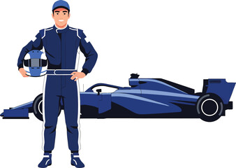 Naklejka premium Full-length vector illustration of a professional race car driver posing proudly beside his high-performance, dark blue single-seater open-wheel racing machine