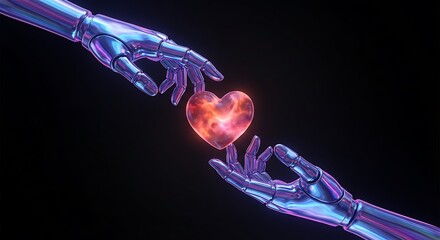 Two metallic robotic hands reaching out to gently hold a glowing, fiery, translucent heart against a dark background, symbolizing artificial intelligence connection and digital emotion