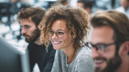 woman with glasses, seated among colleagues in a bright, modern, open-plan office. Conveys themes of business teamwork, diversity, positive corporate culture, creative work, and co-working.