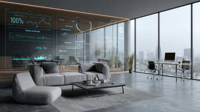office, executive lounge featuring contemporary furniture, large windows with city views, holographic display showing data and charts. Themes of future of work, technology, finance, smart offices.