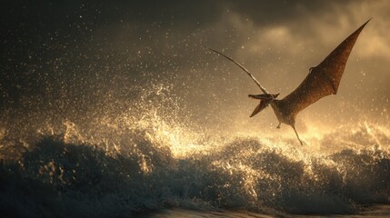 Majestic Pterodactyl Flying Over Ocean Waves During Sunset Lighting Scene