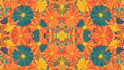 Vibrant Kaleidoscope of Orange, Yellow, and Teal Flowers, Abstract Floral Pattern, Colorful Blossoms, Botanical, Bold Colors, Geometric Design