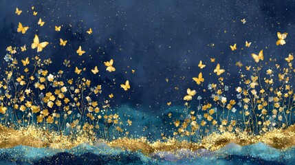 Fototapeta premium Dreamy golden butterflies and floral meadow on dark blue watercolor background