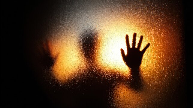 Silhouettes Behind Frosted Glass With Warm Orange Light Creating a Mysterious Barrier