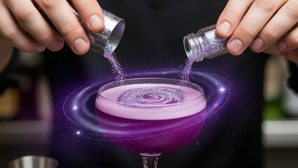 Bartender adding glitter and galaxy effects to a purple cocktail for a magical and captivating aesthetic, enhancing its visual appeal and allure