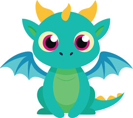 Cute cartoon baby dragon sitting with big eyes and blue wings