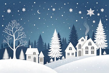 Winter holiday village scene with houses, trees, and falling snow