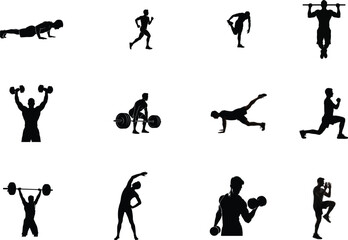 Obraz premium vector silhouettes of people, Silhouette set of people exercising and working out in various poses, 