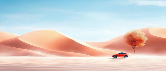 A vibrant red car navigates a vast desert landscape, passing by rolling sand dunes and a lone, leafy tree. The scene is bathed in soft, warm light under a clear