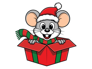 A cartoon mouse wearing a Santa hat and scarf pops out of a gift box.