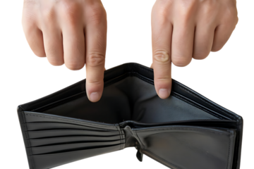 Two hands pointing fingers into an empty open wallet showing no money isolated on transparent background