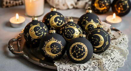 Naklejka premium Black and gold Christmas ornaments with celestial moon and star designs. Gothic holiday decoration on a silver tray with candles. Mystical Gothmas concept