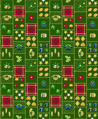 Festive Christmas patchwork pattern with classic holiday icons creates a joyful, cozy vibe perfect for seasonal designs and spirited celebrations