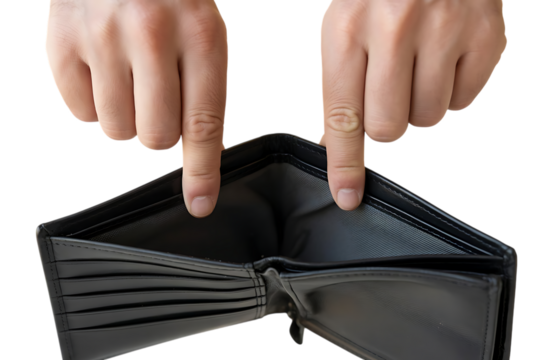 Two hands pointing fingers into an empty open wallet showing no money isolated on transparent background