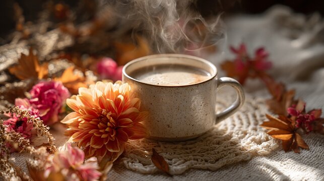 Steaming coffee mug amidst autumn flowers and leaves, soft focus - Powered by Adobe