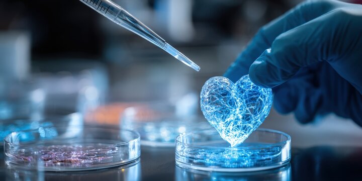 Scientist manipulating glowing heart in research laboratory