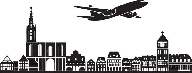 Fototapeta premium Strasbourg Skyline Line Art with Airplane. Vector black silhouette