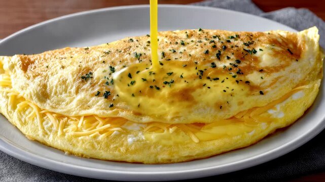 Perfectly fluffy omelette preparation with cheese and herbs in a cozy kitchen setting for breakfast