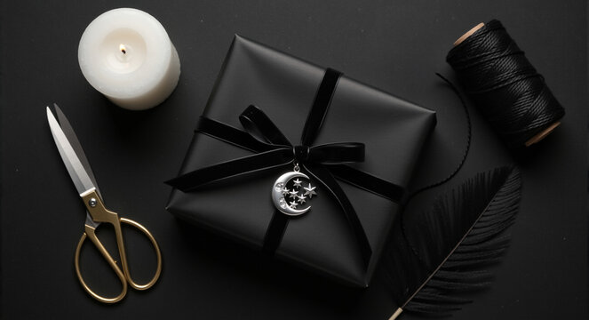 Black gift box with velvet ribbon and silver moon charm. Gothic Christmas present with candle and scissors on dark background. Gothmas holiday concept
