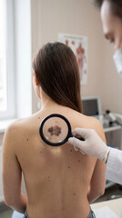 Dermatologist examining a woman for suspicious mole with magnifying glass during skin cancer screening.