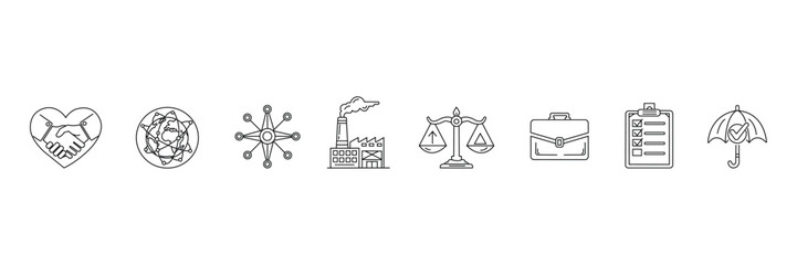 Corporate social responsibility and sustainability editable stroke icon set. Outline heart handshake  global connectivity, factory industry, justice scale, briefcase, checklist, design collection.