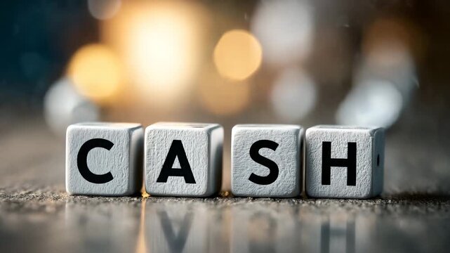 CASH spelled out with letter blocks a concept of finance and investment set against a blurred bokeh background