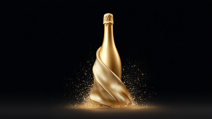 Luxury champagne bottle with golden foil wrapping on black background, elegant packaging concept for New Year parties, premium events, celebration banners and product advertisements
