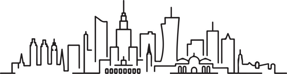 Warsaw skyline drawing Cityscape line art. Vector black silhouette