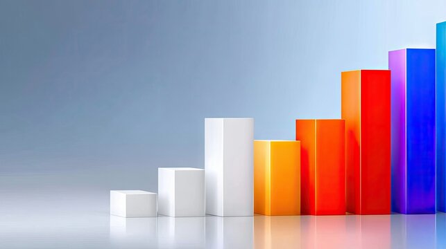 A series of colorful, three-dimensional bars arranged in ascending order, symbolizing growth and progress. The bars range from white to vibrant orange, red, pur