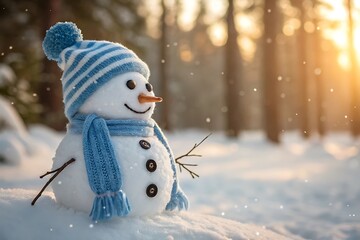 Smiling snowman in blue striped hat and scarf during golden hour