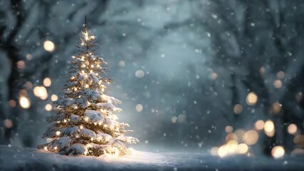 Snowy Christmas tree decorated with glowing lights stands in a peaceful winter landscape, creating a festive and cheerful scene perfect for holiday cards, seasonal backgrounds and celebration - Powered by Adobe