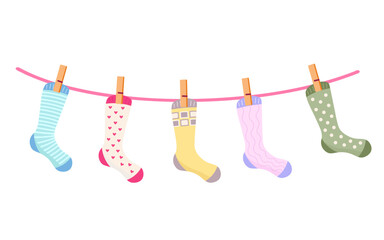 Socks set, cute socks hung on a line. Vector Illustration for printing, backgrounds and packaging. Image can be used for greeting cards, posters, stickers and textile. Isolated on white background.
