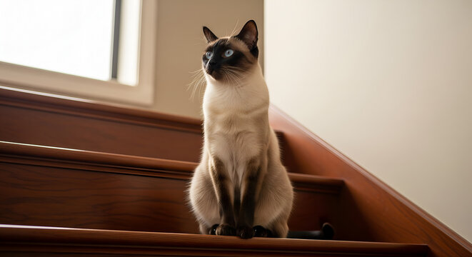 Elegant Siamese Cat Sitting Proudly on Wooden Stairs Near a Window - Powered by Adobe