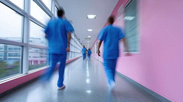 Blurred healthcare professionals in blue uniforms walking hospital corridor - Powered by Adobe