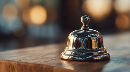 Shiny chrome hotel bell on wooden counter in warm light - hospitality concept