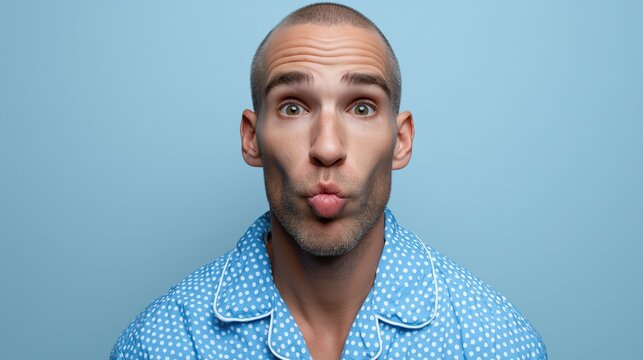 Young caucasian male in polka dot pajamas making funny face on blue background