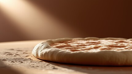 Fresh pizza dough on floured surface in warm natural lighting