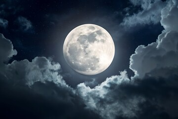 Full moon shining through soft clouds in the night sky